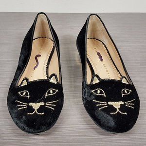 Charlotte Olympia 'Kitty' Flat Black Velvet Womens Size 4 / 34